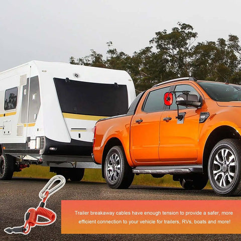 Trailer Brake Away Cable 4Ft High Rebound Towing Coiled Wire With Stainless Steel Carabiner And Pin shown with RV attached to truck