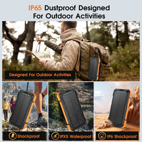 Man hiking with massive 49800mAh wireless power bank with built-in cables, IP65 design, attached to backpack.