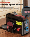 Heavy Hitter 200W Mini Belt and Disc Sander with digital display and speed control for wood, metal, plastic deburring.