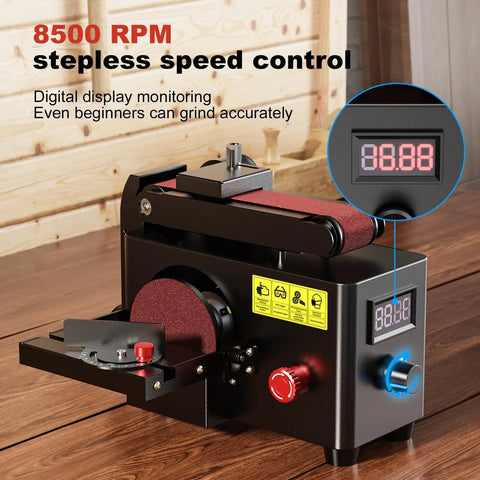 Heavy Hitter 200W Mini Belt and Disc Sander with digital display and speed control for wood, metal, plastic deburring.