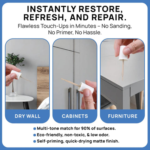 Touch Up Paint Kit With Matte Finish For Drywall Concrete Brick Tile Doors And Cabinets Multi Tone Gray Repair Kit Quick Dry Low Odor Ultra Low VOC No Sanding Or Primer Needed 3 Pack shown in use on drywall, cabinets, furniture