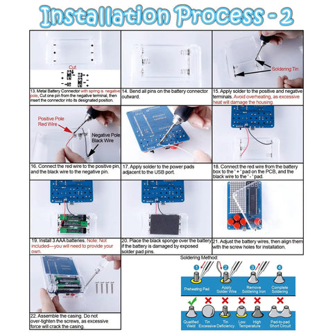 Hands On Soldering Practice Kit For A DIY Game Device With Four Classic Style Games Beginner STEM Learning Kit assembly steps.