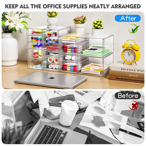 Clear Acrylic Thirteen Drawer Storage Makeup Organizer For Desk Bathroom Vanity Counter with organized supplies and plants.