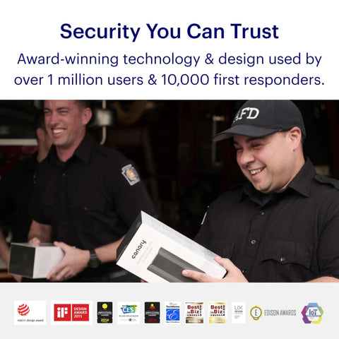Firefighters smiling and holding an Indoor Home Security Cam 1080P HD WiFi, 24x7 Live Video, Siren, Climate Monitor box.