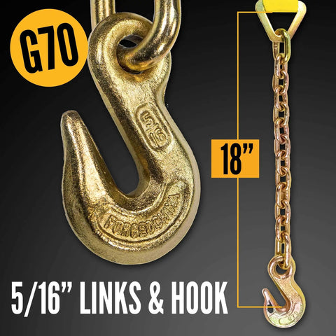 Close-up of 18 inch 5/16" grade 70 hook and chain from Beefy Heavy Duty Chain Ratchet Straps 2 Inch X 27 Foot 2 Pack With Chain Ends And Grab Hooks 10000 Lbs Break Strength For Flatbed Hauling Heavy Equipment For Secure Transport