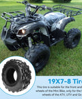 19x7-8 Street Tubeless ATV Go Kart UTV Tire for Mini Bikes and 4 Wheelers on grass with black knobby tread