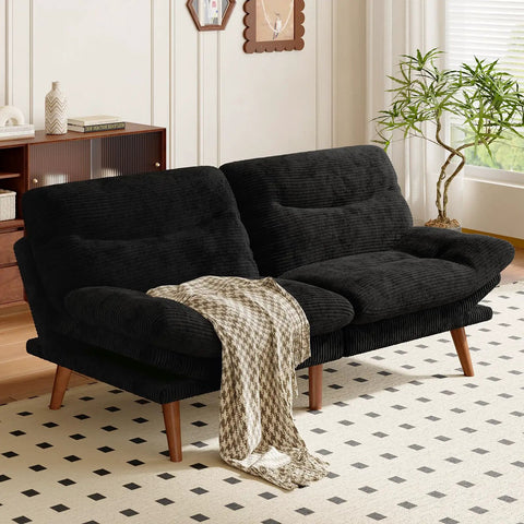66 Inch Convertible Futon Sofa Bed With Corduroy Upholstery, Adjustable Backrest And Armrests, Recliner Lounge, Black