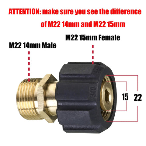 Pressure Washer Adapter M22 15mm Female To M22 14mm Male Fitting 4500 PSI Metric Quick Connect showing male and female ends