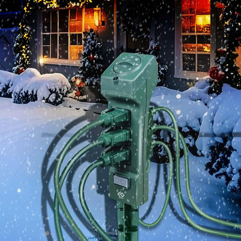 Slick Heavy Duty Outdoor Power Stake With Light Sensor Timer Set To Two Four Six Or Eight Hours Powers On At Dusk To Dawn Featuring Six Snap Cover Outlets And A Six Foot Cord in snowy yard decor.