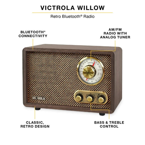 Retro Wood Bluetooth Radio With Built In Speakers And Wireless Streaming Walnut Finish, Vintage Vibe With Rotary AM FM Tuning Dial