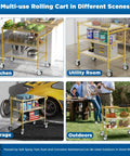 Multi-scene view of a Three Tier Rolling Cart With Wheels, Heavy Duty Utility Bar Cart, NSF Certified Metal Cart With Handle And Shelf Liner, Trolley Serving Cart For Kitchen, Restaurant And Plant Display, Gold Finish