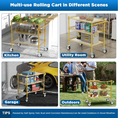 Multi-scene view of a Three Tier Rolling Cart With Wheels, Heavy Duty Utility Bar Cart, NSF Certified Metal Cart With Handle And Shelf Liner, Trolley Serving Cart For Kitchen, Restaurant And Plant Display, Gold Finish
