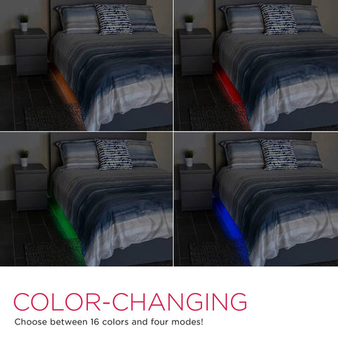24Ft Color Changing LED Light Strip for indoor and outdoor use showcasing neon rope lights under bed in different colors