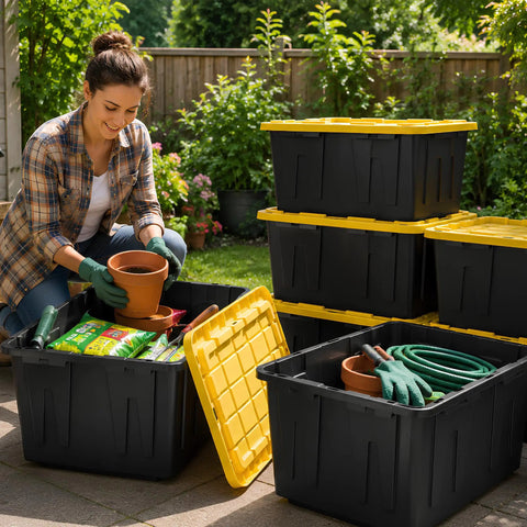 Tough As Nails Heavy Duty Storage Totes With Lids 27 Gallon Stackable Plastic Bins For Garage And Basement Organization Hassle Free Moving Containers To Carry All Your Seasonal Gear No Sweat