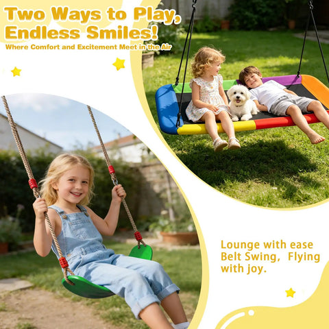 Children enjoying 3-In-1 Backyard Swing Set With Platform Swing And Two Belt Swings, Heavy-Duty Metal Frame, in garden