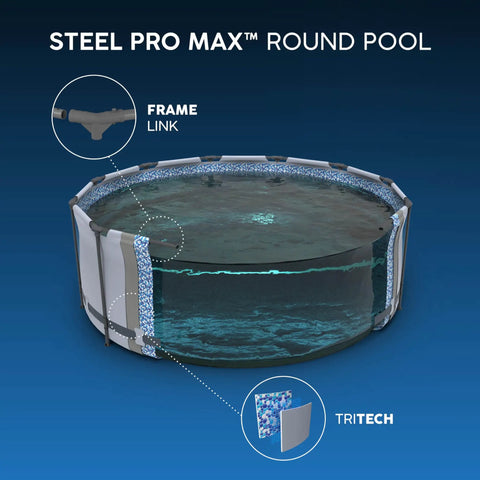 Premium Round Above Ground Swimming Pool 10 Foot Diameter 30 Inch Depth Steel Frame Build showing water and reinforced sides.