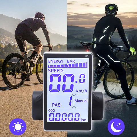 Universal LCD Bike Display Panel For 24V 36V 48V 60V E Bikes And Scooters, 5 Pin M5 Control Meter in day and night cycling view
