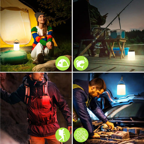 Powerful 1000LM LED Camping Lantern With Rechargeable Battery used in camping, fishing, hiking, and car repair scenes