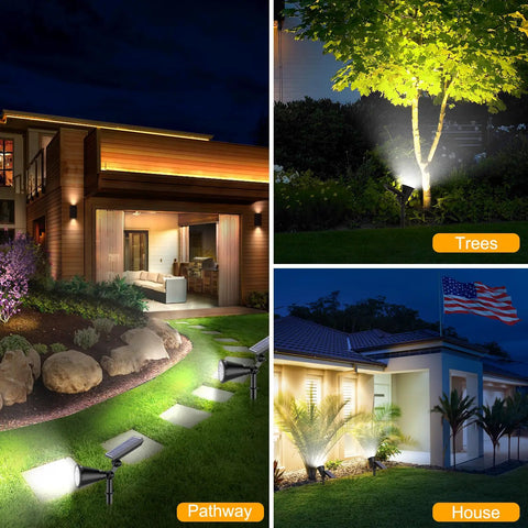 Heavy Duty Solar Spotlights Outdoor Two Pack With Dual Pivot Heads And Fully Rotating Panels Dropping A Crisp Cool White Glow To Light Up The Whole Patio Without Any Wiring Stress While Staying Damn Tough On Every Season