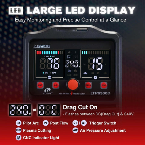 LED controls of 63 Amp CNC Plasma Cutter With Drag Cut, Non HF Blowback Pilot Arc For Auto Start, dual voltage, portable air plasma cutter