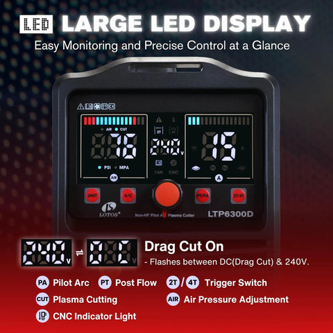 Control panel with LED display of 63 Amp Non Touch Pilot Arc Plasma Cutter With Drag Cut For Clean Three Quarter Inch Cuts And One Inch Severance Non HF Arc Start Metal Cutting Machine 110 To 220 Volt Dual Voltage For Auto Body Farm And Workshop Projects