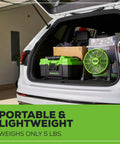 40V 10 Inch Hybrid Fan With 5 Speed Settings And 360 Degree Rotating Head Delivering Up To 785 CFM Airflow Cordless And AC DC Power Charger Included Battery Not Included placed in car trunk