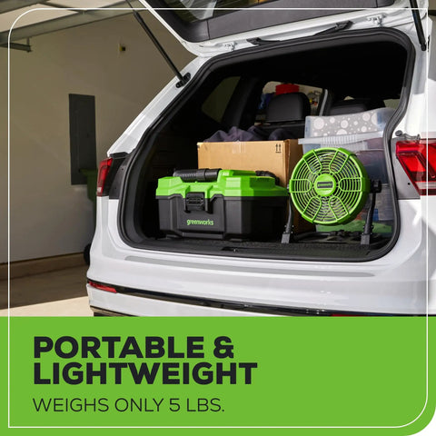 40V 10 Inch Hybrid Fan With 5 Speed Settings And 360 Degree Rotating Head Delivering Up To 785 CFM Airflow Cordless And AC DC Power Charger Included Battery Not Included placed in car trunk