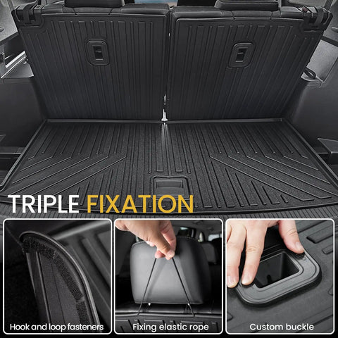 All Weather TPE Cargo Mat With Backrest Mats for Volkswagen Atlas, trunk liner details including fastening methods, fits 2018-2026 models.