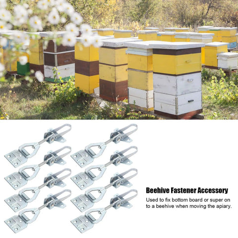 10 Sets Beehive Fasteners With Nuts And Adjustable Buckle Straps Tool Free Quick Release Snap Connectors For Securing Hive Bodies And Bottom Boards Beekeeping Gear Essentials with beehive in background