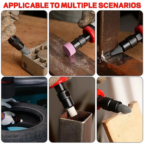 Various applications of Heavy Duty One Quarter Inch Air Angle Die Grinder Killer Pneumatic Rotary Polisher for metal and wood.
