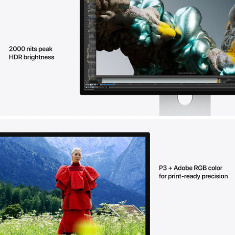 Studio Display XDR With Standard Glass And VESA Mount Adapter, showing 2000 nits HDR brightness and P3 color range.