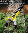 Adjustable Long Handle Stirrup Hoe For Snag Free Weeding And Yard Work Cultivation in damp soil, close-up of blade design with droplets