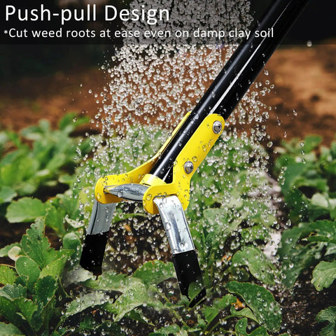 Adjustable Long Handle Stirrup Hoe For Snag Free Weeding And Yard Work Cultivation in damp soil, close-up of blade design with droplets