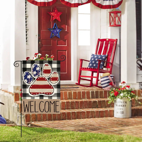 Patriotic USA Flag Paw Print Garden Flag 12x18 Double Sided Outdoor Welcome Banner Buffalo Plaid Yard Decor For 4th Of July
