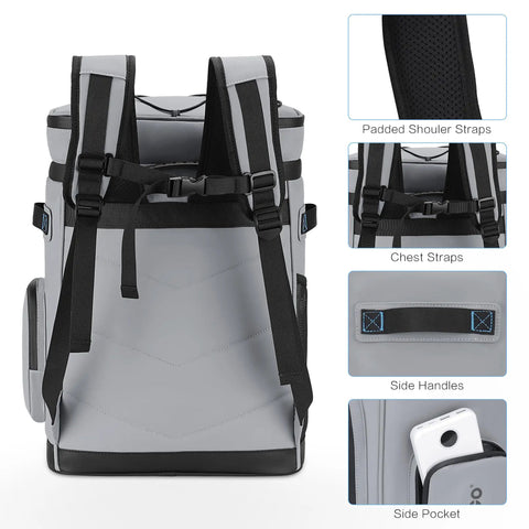 Back view of Large Waterproof Insulated Cooler Backpack for Men and Women, Leak Proof 30L Cooler Bag with padded straps.