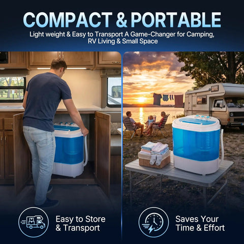 Heavy Duty Mini Compact Washing Machine Twin Tub Top Load Washer Portable in an RV setting, perfect for small spaces and camping.