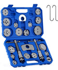 Brake caliper compression tool set in blue case, 24-piece with piston wind-back tools and discs