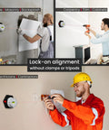 Multi Surface Laser Level With Wall Mount And Pins Or Sticky Pads, shown being used by professionals in carpentry and electrical work.