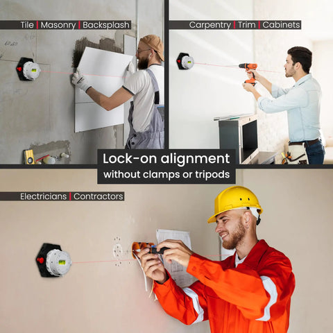 Multi Surface Laser Level With Wall Mount And Pins Or Sticky Pads, shown being used by professionals in carpentry and electrical work.