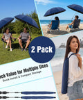 Two Pack Chair Beach Umbrellas With Clamp, 360 Degree Adjustable UPF50 Plus Sun Shade For Beach Chairs, Patio Chairs, And Camping Gear, Ink Blue, Chair Not Included shown in use at beach and park scenarios, includes carrying bag and clamps.