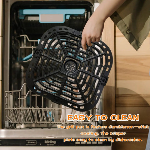 Person placing Air Fryer Grill Plate For Instant Pot Vortex Plus 6 Qt XL Nonstick Crisper Tray in dishwasher