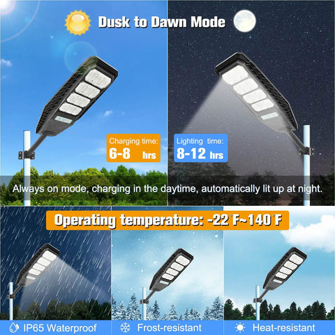 Two Pack 200W Solar Street Lights With Motion Sensor Dusk To Dawn 10000LM Bright Outdoor Flood Lights IP65 Waterproof Features