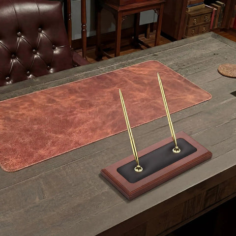 Wood And Leather Double Pen Holder Desk Set With Two Black Pens on executive desk, gold accents and luxury decor.