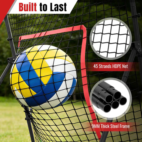 Volleyball rebounding off 7x4ft rebounder net with 45 strands HDPE net and 9mm thick steel frame for spikes and practice.