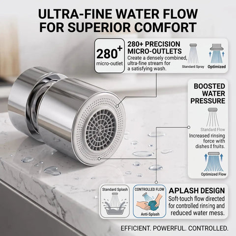 Smooth As Butter Kitchen Faucet Aerator Swivel Head Anti Splash Sink Filter showing 280+ micro-outlet chrome design for efficient water flow.
