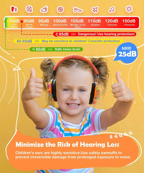 Kids Noise Canceling Ear Muffs For Hearing Protection 25NRR Earmuffs For Toddlers And Autism Sensory Needs Fun Orange Design Great For School Or Travel