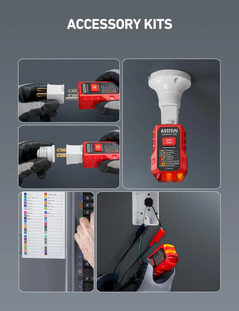Circuit Breaker Finder With GFCI Outlet Tester for home and workshop, showing plug and play use with visual indicator lights.