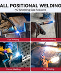 Four images showing different welding positions using Flux Core Welding Wire.030 E71TGS MIG Weld Wire Gasless Flux Core Two Spool Pack.