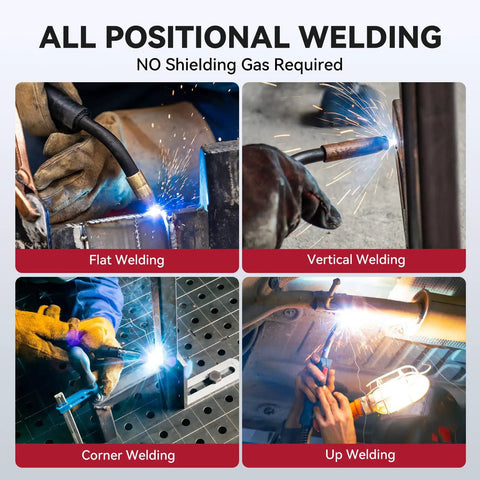 Four images showing different welding positions using Flux Core Welding Wire.030 E71TGS MIG Weld Wire Gasless Flux Core Two Spool Pack.