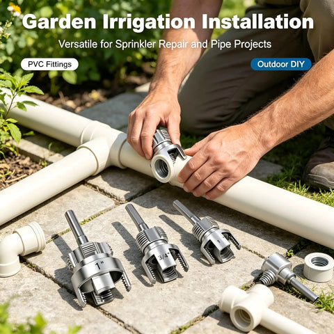 3 Piece Pvc Pipe Threader Set With 1/2 In, 3/4 In & 1 In Npt Dies Carbon Steel Drill Compatible Threading Tool Kit Including Two Teflon Tape Rolls And Heavy Duty Work Gloves For Diy Plumbing Jobs placed beside PVC pipe fittings on a garden pathway.